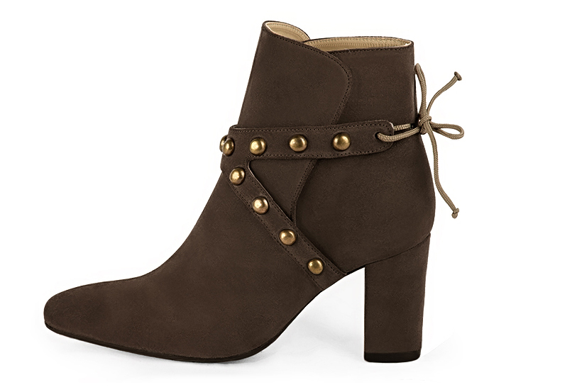 Dark brown women's ankle boots with laces at the back. Round toe. High block heels. Profile view - Florence KOOIJMAN